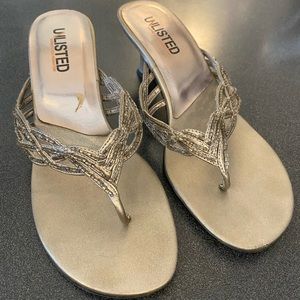 Platinum color beaded kitten heel sandals